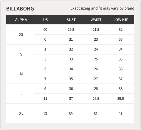 best of Bikini chart Billabong size